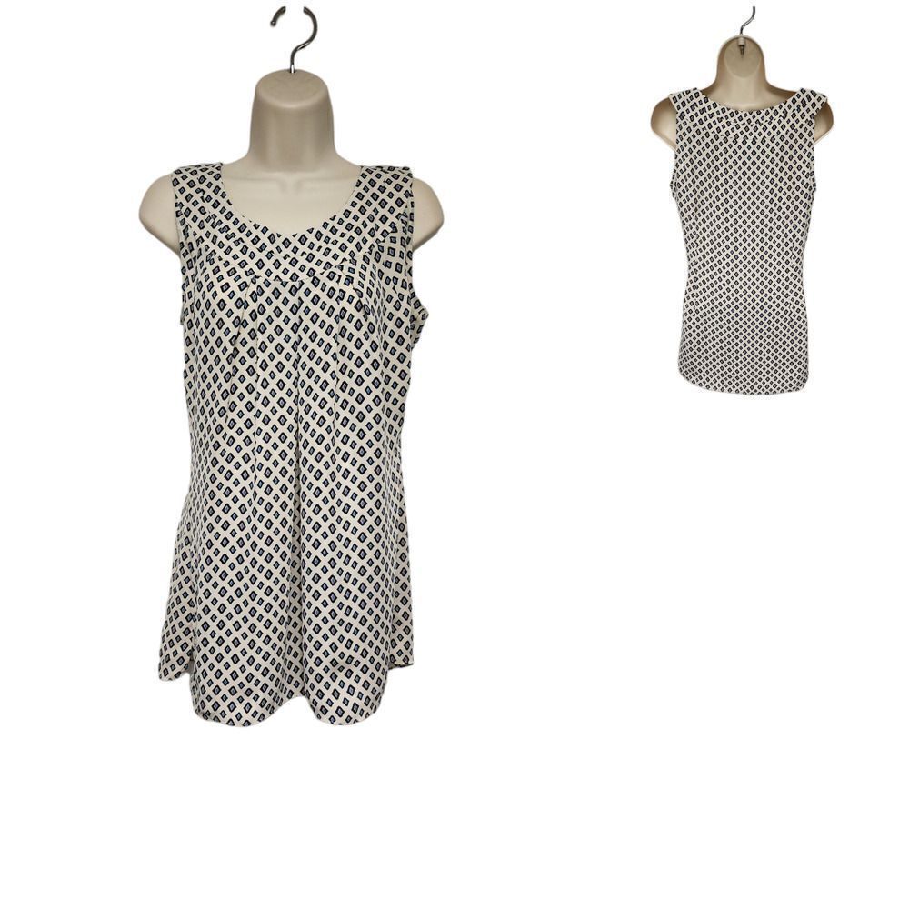 Cabi Cleo Diamond Print Tunic Semi-SheerTank Top Size Small Color Blue/Cream